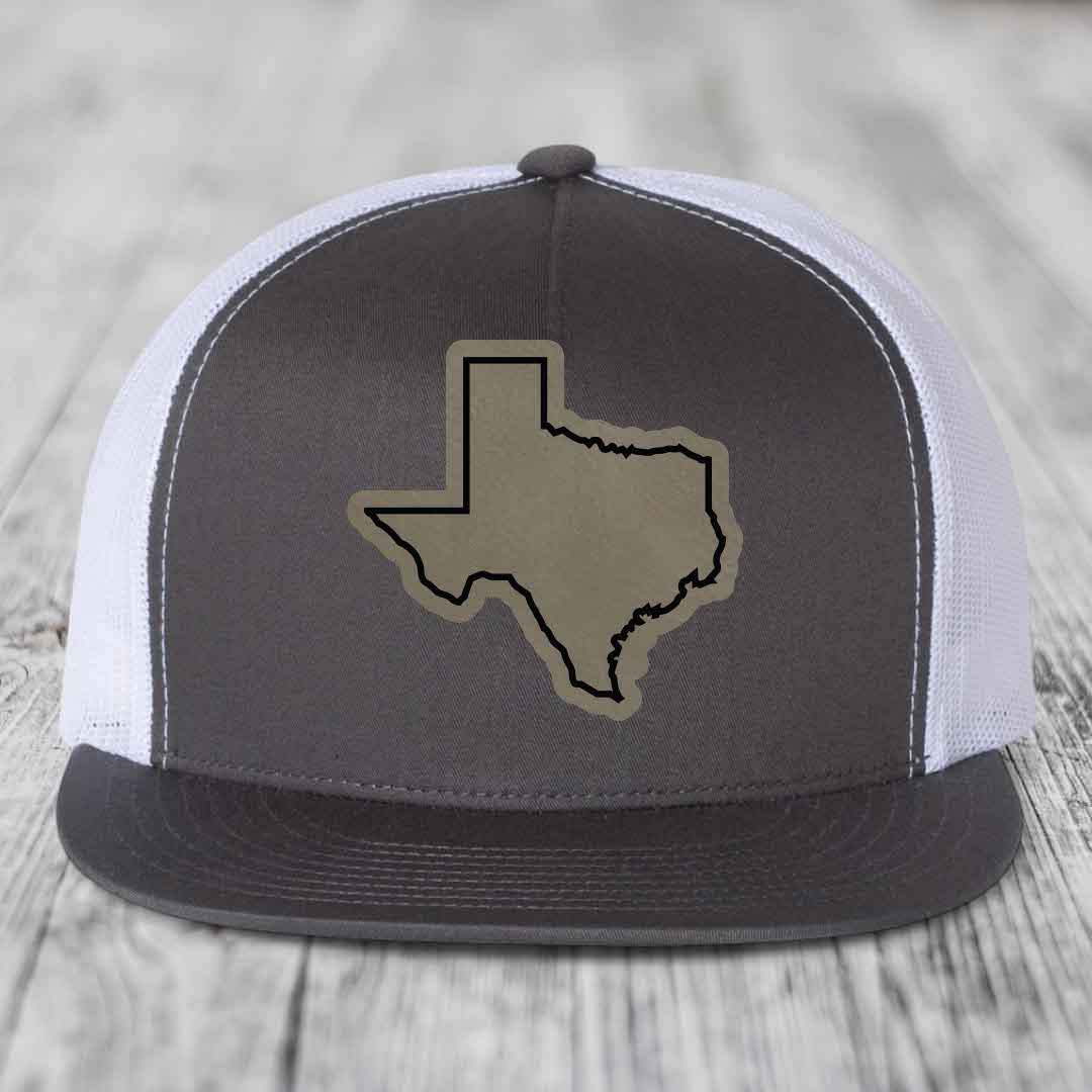 Texas Border - Leather Patch Hat - Light Brown to Black Patch - Yupoong 6006 Snapback Flatbill Hat