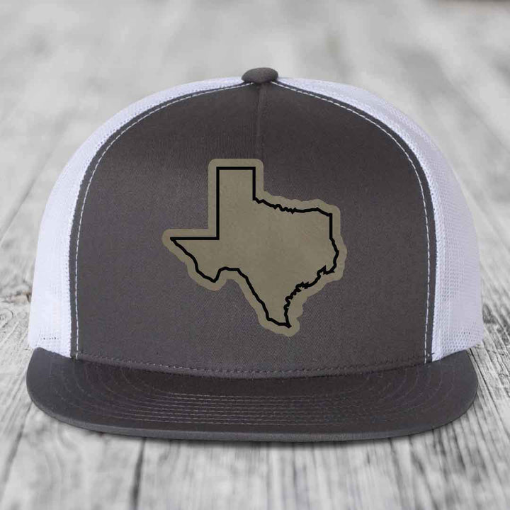 Texas Border - Leather Patch Hat - Light Brown to Black Patch - Yupoong 6006 Snapback Flatbill Hat