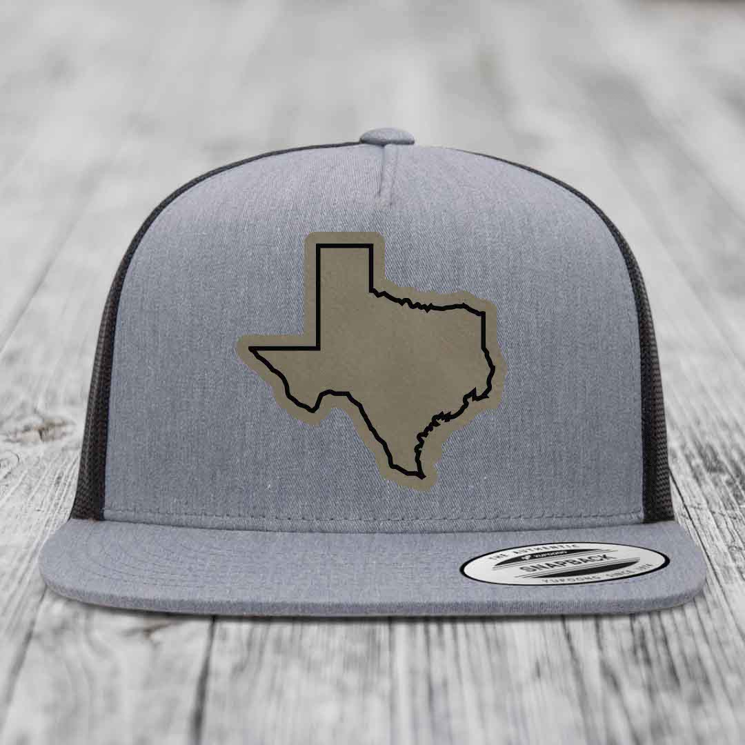 Texas Border - Leather Patch Hat - Light Brown to Black Patch - Yupoong 6006 Snapback Flatbill Hat