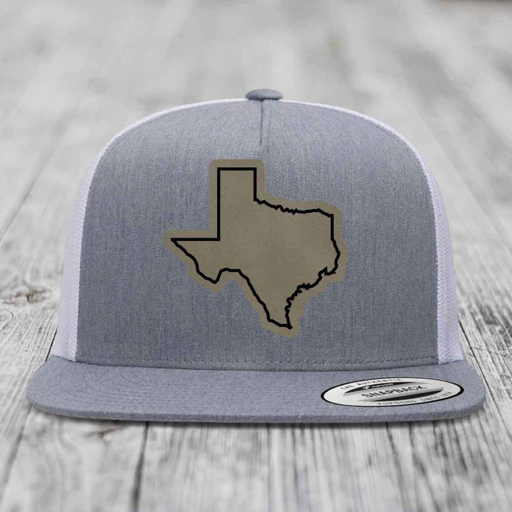 Texas Border - Leather Patch Hat - Light Brown to Black Patch - Yupoong 6006 Snapback Flatbill Hat
