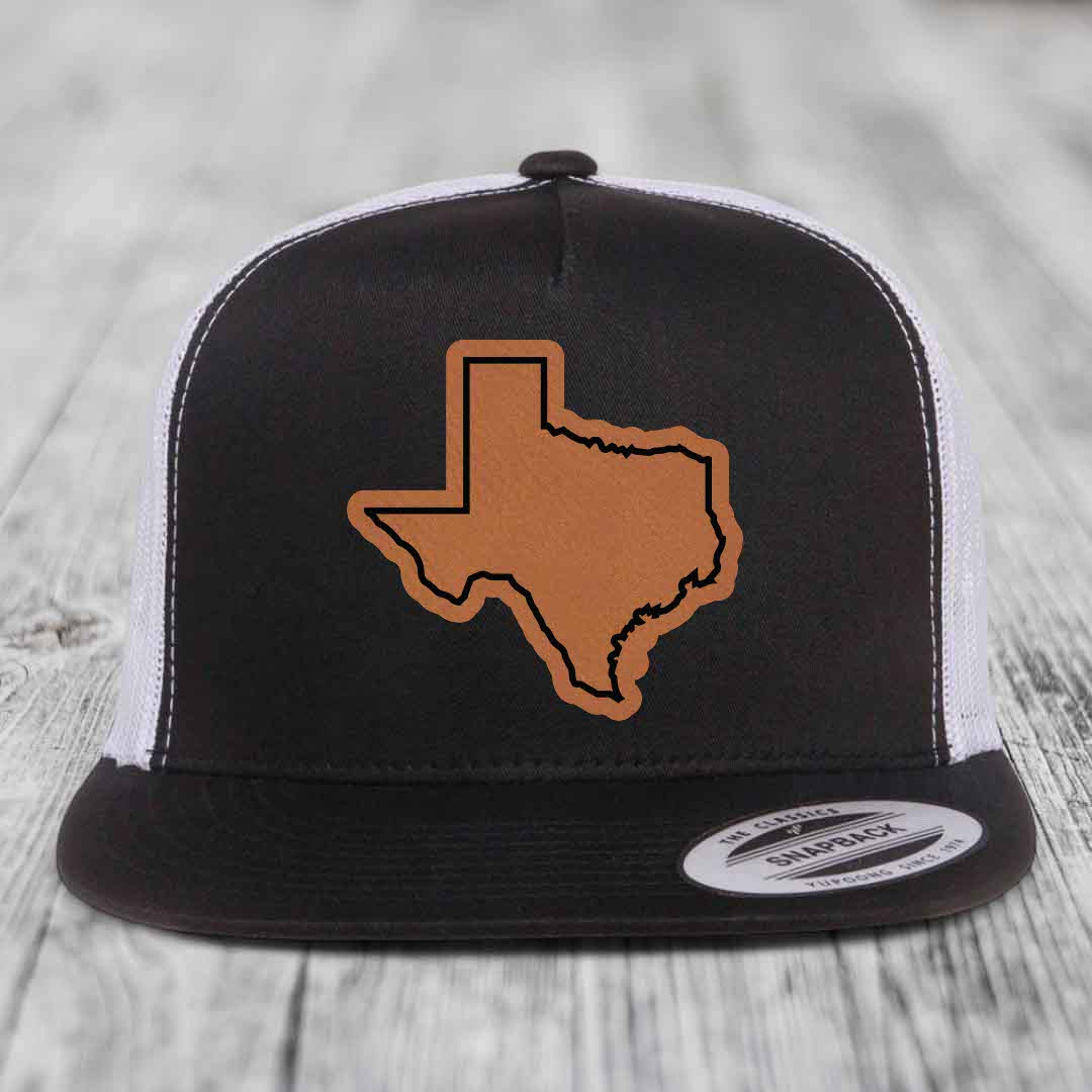 Texas Border - Leather Patch Hat - Rawhide to Black Patch - Yupoong 6006 Snapback Flatbill Hat
