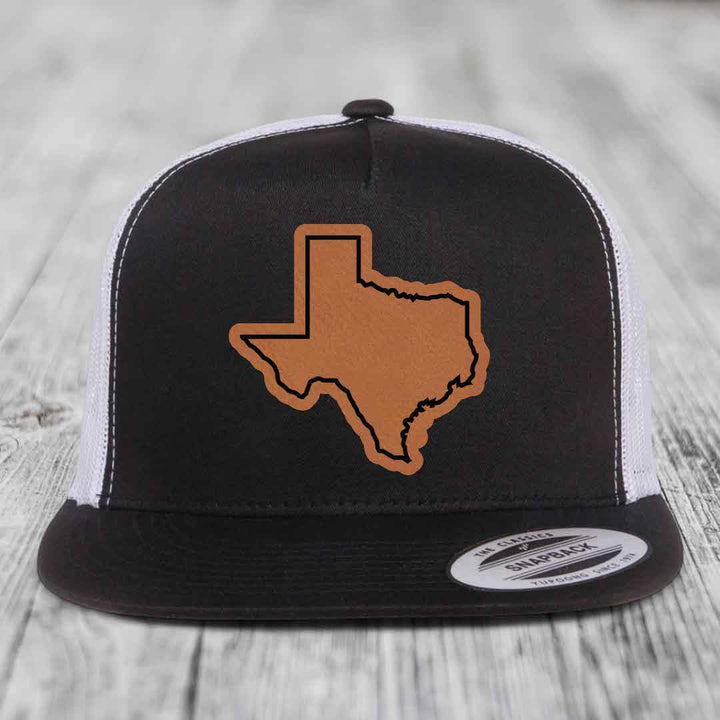 Texas Border - Leather Patch Hat - Rawhide to Black Patch - Yupoong 6006 Snapback Flatbill Hat