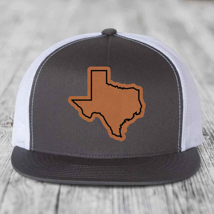 Texas Border - Leather Patch Hat - Rawhide to Black Patch - Yupoong 6006 Snapback Flatbill Hat