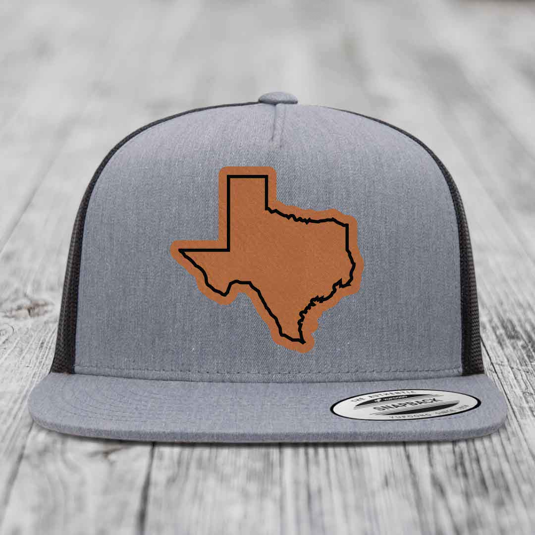 Texas Border - Leather Patch Hat - Rawhide to Black Patch - Yupoong 6006 Snapback Flatbill Hat