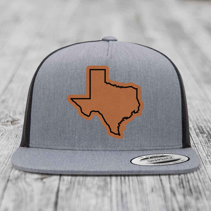 Texas Border - Leather Patch Hat - Rawhide to Black Patch - Yupoong 6006 Snapback Flatbill Hat