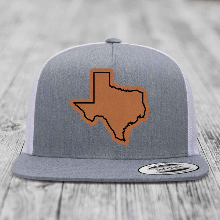 Texas Border - Leather Patch Hat - Rawhide to Black Patch - Yupoong 6006 Snapback Flatbill Hat