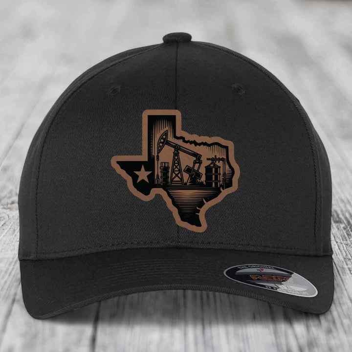 Texas Oilfield - Leather Patch Hat - Dark Brown to Black Patch - Flexfit 6277 Fitted Hat