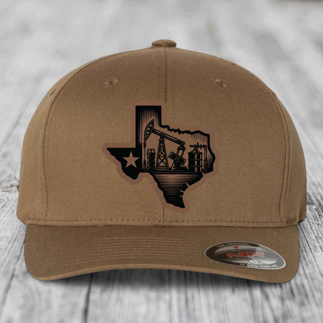 Texas Oilfield - Leather Patch Hat - Dark Brown to Black Patch - Flexfit 6277 Fitted Hat