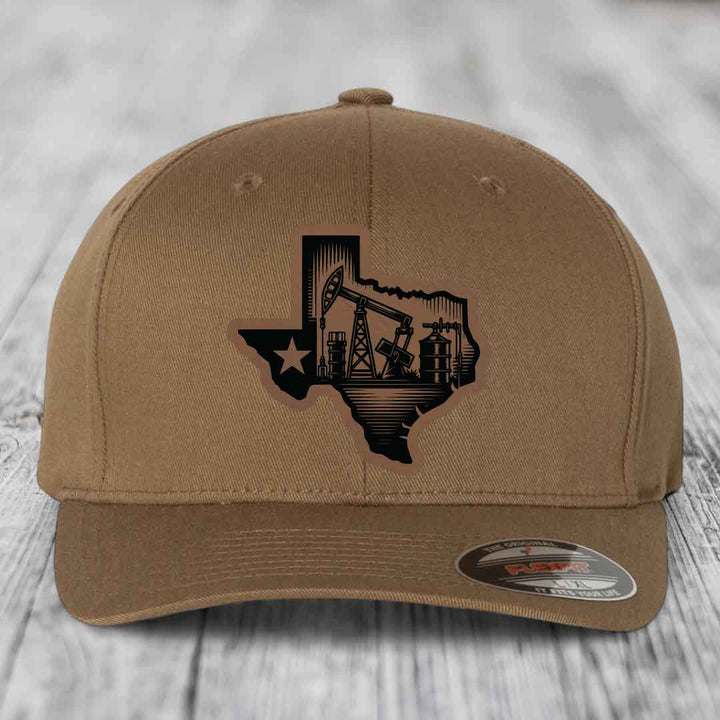 Texas Oilfield - Leather Patch Hat - Dark Brown to Black Patch - Flexfit 6277 Fitted Hat