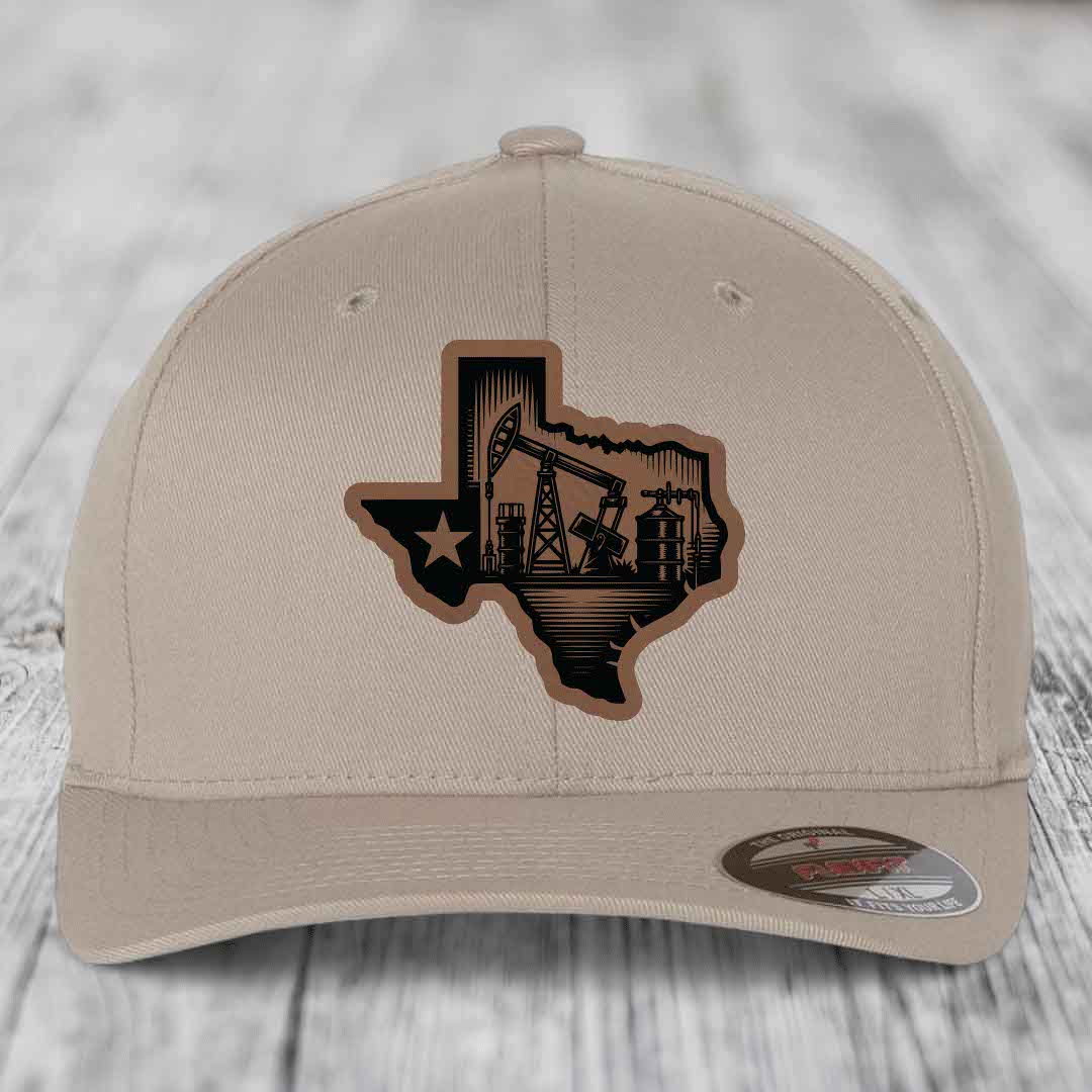 Texas Oilfield - Leather Patch Hat - Dark Brown to Black Patch - Flexfit 6277 Fitted Hat