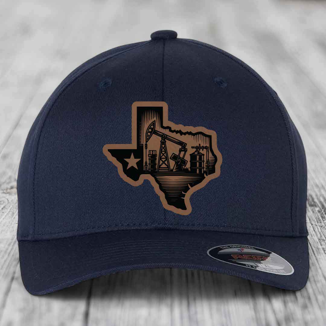 Texas Oilfield - Leather Patch Hat - Dark Brown to Black Patch - Flexfit 6277 Fitted Hat