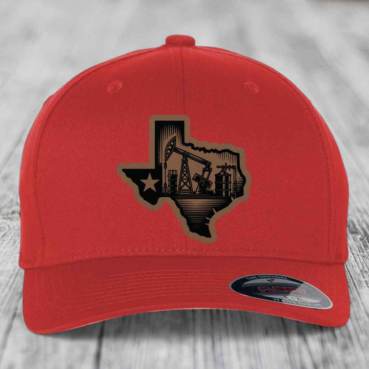 Texas Oilfield - Leather Patch Hat - Dark Brown to Black Patch - Flexfit 6277 Fitted Hat