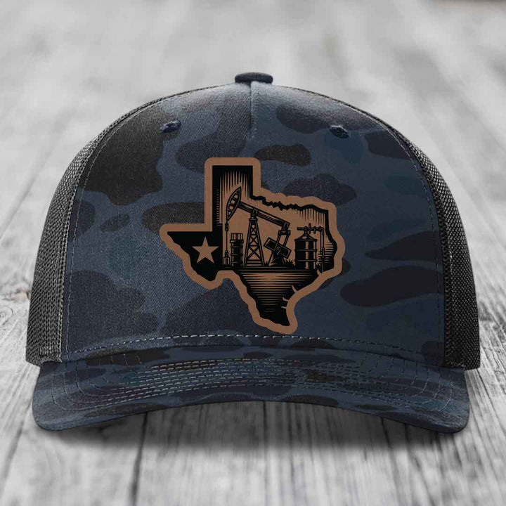 Texas Oilfield - Leather Patch Hat - Dark Brown to Black Patch - Richardson 112PFP Snapback Trucker Hat