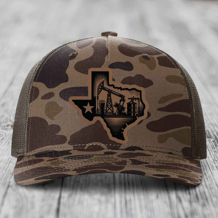 Texas Oilfield - Leather Patch Hat - Dark Brown to Black Patch - Richardson 112PFP Snapback Trucker Hat