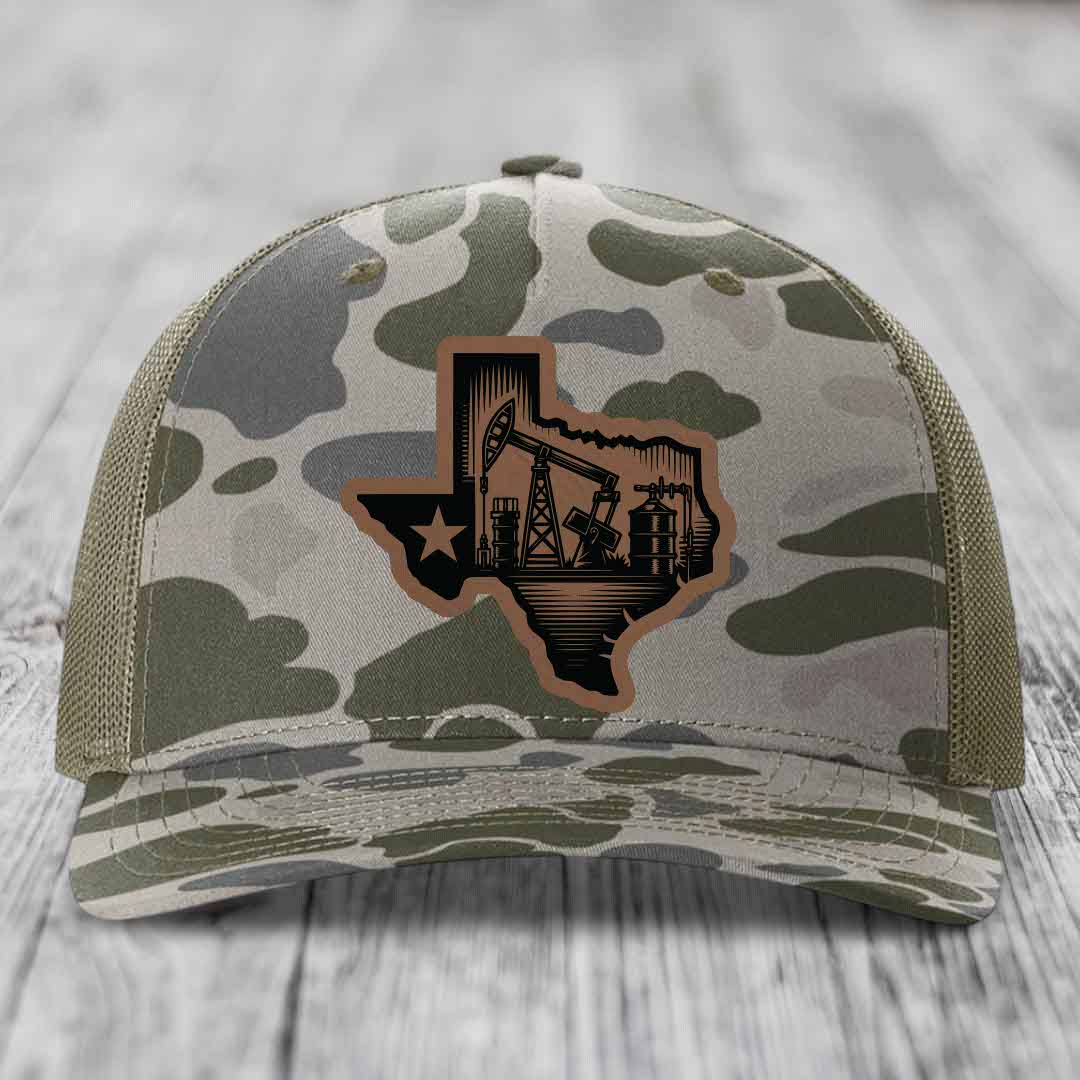 Texas Oilfield - Leather Patch Hat - Dark Brown to Black Patch - Richardson 112PFP Snapback Trucker Hat