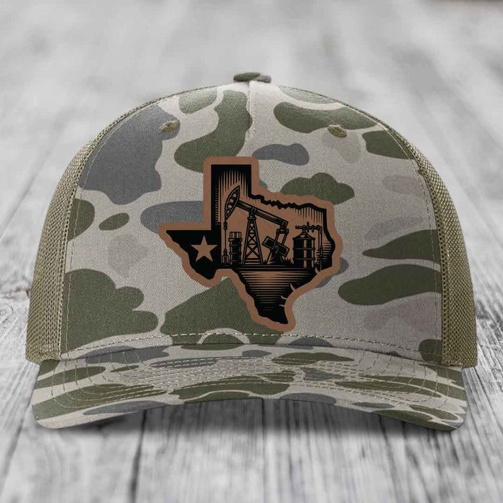 Texas Oilfield - Leather Patch Hat - Dark Brown to Black Patch - Richardson 112PFP Snapback Trucker Hat