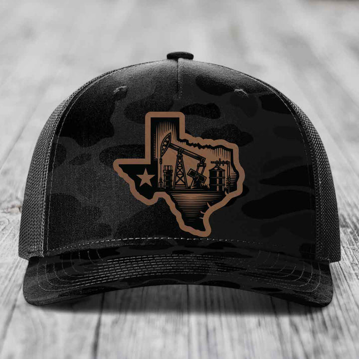 Texas Oilfield - Leather Patch Hat - Dark Brown to Black Patch - Richardson 112PFP Snapback Trucker Hat