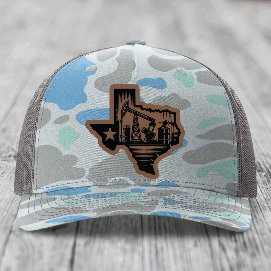 Texas Oilfield - Leather Patch Hat - Dark Brown to Black Patch - Richardson 112PFP Snapback Trucker Hat