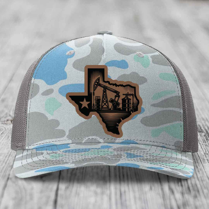 Texas Oilfield - Leather Patch Hat - Dark Brown to Black Patch - Richardson 112PFP Snapback Trucker Hat