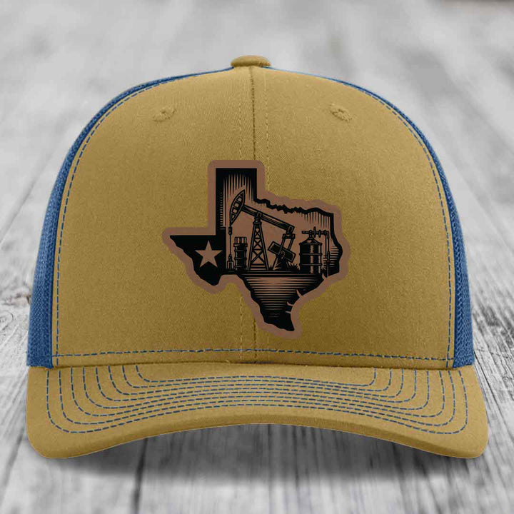 Texas Oilfield - Leather Patch Hat - Dark Brown to Black Patch - Richardson 112 Snapback Trucker Hat