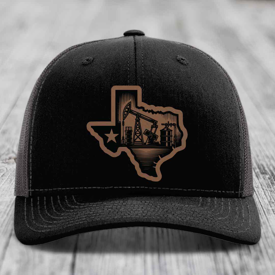 Texas Oilfield - Leather Patch Hat - Dark Brown to Black Patch - Richardson 112 Snapback Trucker Hat
