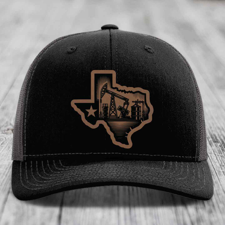Texas Oilfield - Leather Patch Hat - Dark Brown to Black Patch - Richardson 112 Snapback Trucker Hat