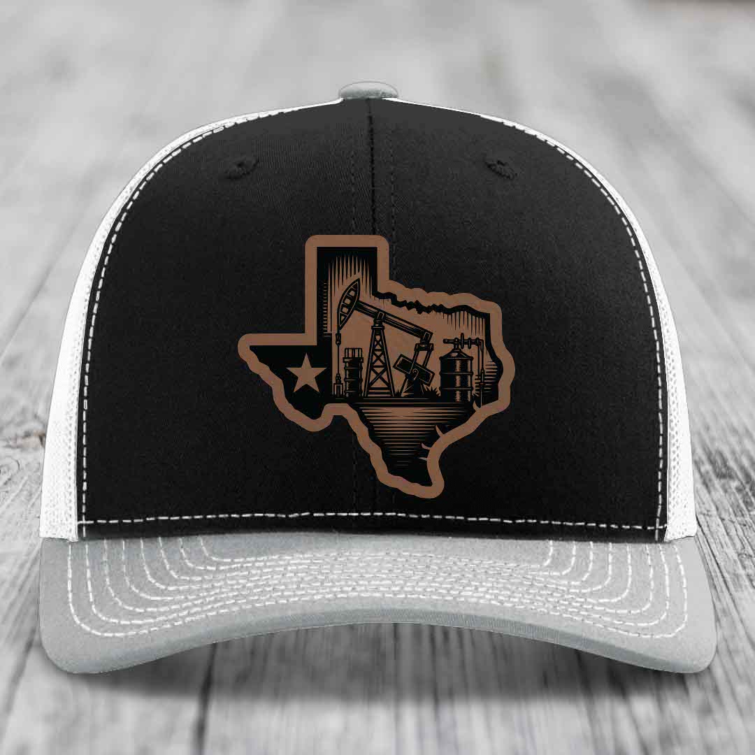 Texas Oilfield - Leather Patch Hat - Dark Brown to Black Patch - Richardson 112 Snapback Trucker Hat