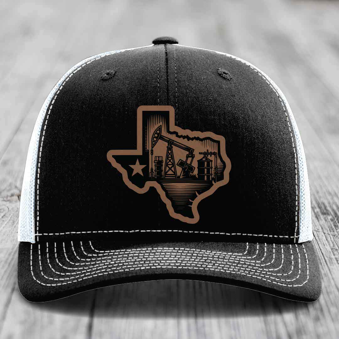 Texas Oilfield - Leather Patch Hat - Dark Brown to Black Patch - Richardson 112 Snapback Trucker Hat