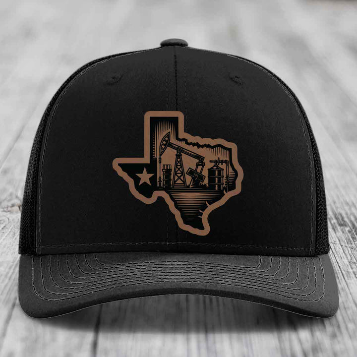Texas Oilfield - Leather Patch Hat - Dark Brown to Black Patch - Richardson 112 Snapback Trucker Hat