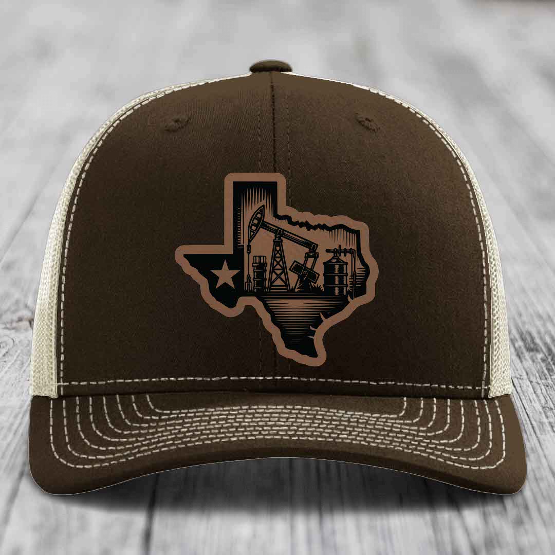 Texas Oilfield - Leather Patch Hat - Dark Brown to Black Patch - Richardson 112 Snapback Trucker Hat