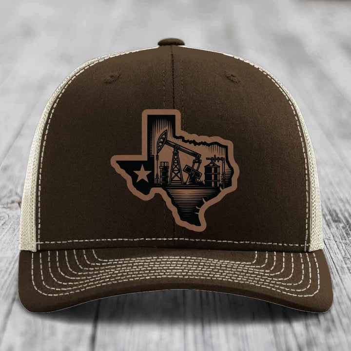 Texas Oilfield - Leather Patch Hat - Dark Brown to Black Patch - Richardson 112 Snapback Trucker Hat