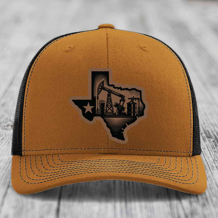 Texas Oilfield - Leather Patch Hat - Dark Brown to Black Patch - Richardson 112 Snapback Trucker Hat