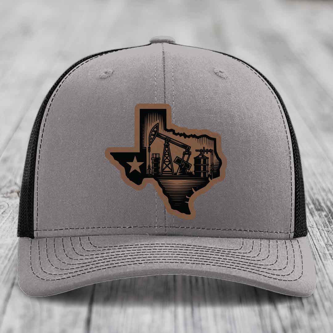 Texas Oilfield - Leather Patch Hat - Dark Brown to Black Patch - Richardson 112 Snapback Trucker Hat