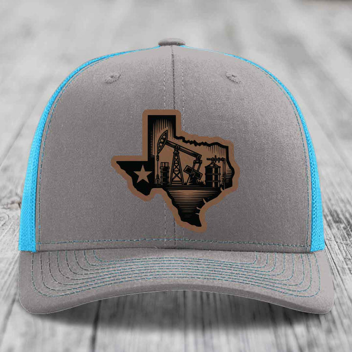 Texas Oilfield - Leather Patch Hat - Dark Brown to Black Patch - Richardson 112 Snapback Trucker Hat