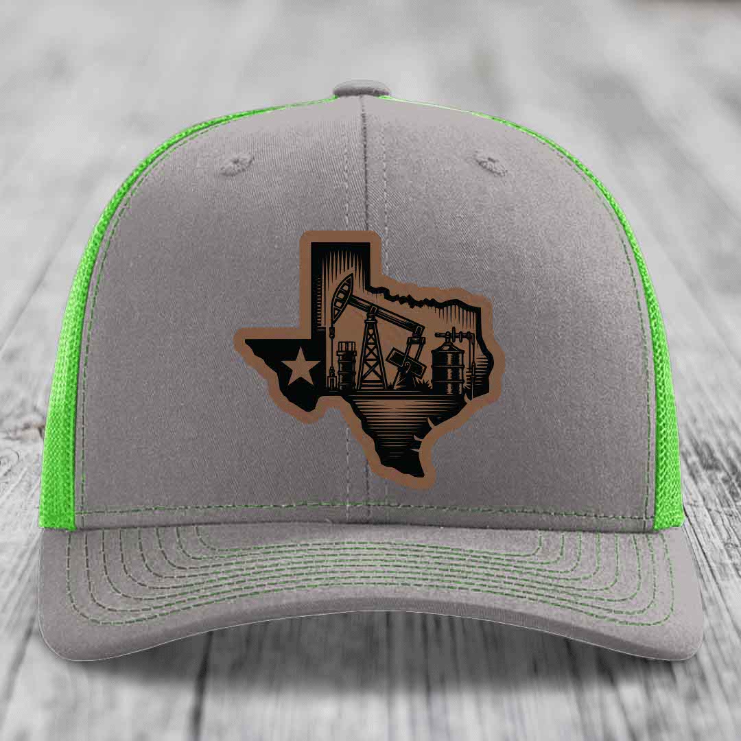 Texas Oilfield - Leather Patch Hat - Dark Brown to Black Patch - Richardson 112 Snapback Trucker Hat
