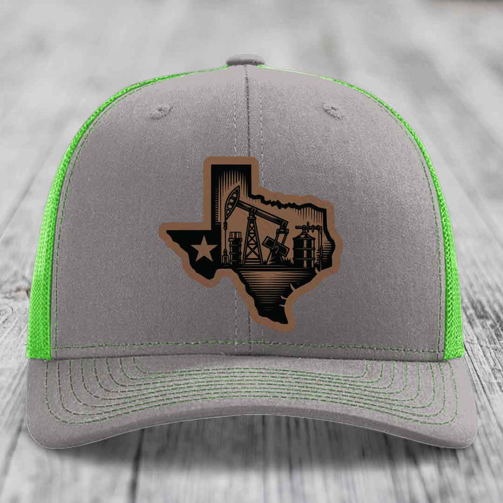 Texas Oilfield - Leather Patch Hat - Dark Brown to Black Patch - Richardson 112 Snapback Trucker Hat