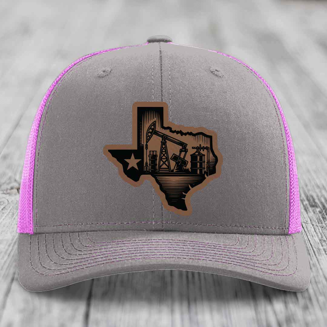 Texas Oilfield - Leather Patch Hat - Dark Brown to Black Patch - Richardson 112 Snapback Trucker Hat