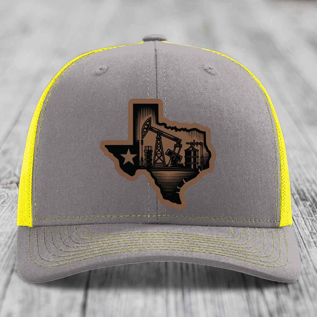Texas Oilfield - Leather Patch Hat - Dark Brown to Black Patch - Richardson 112 Snapback Trucker Hat