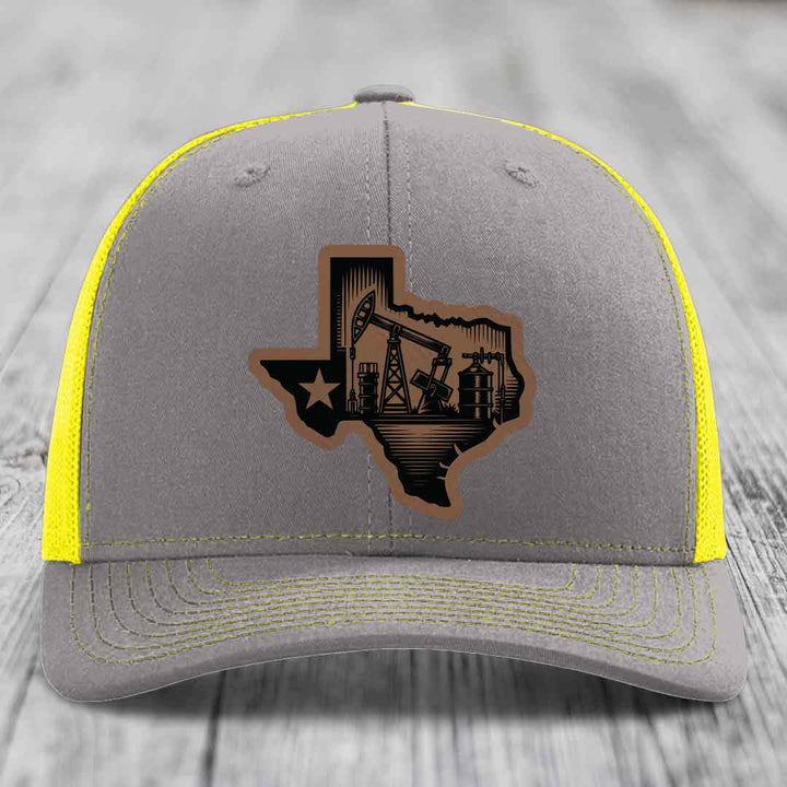 Texas Oilfield - Leather Patch Hat - Dark Brown to Black Patch - Richardson 112 Snapback Trucker Hat