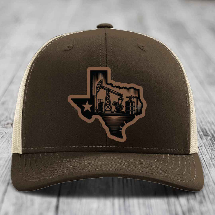 Texas Oilfield - Leather Patch Hat - Dark Brown to Black Patch - Richardson 112 Snapback Trucker Hat