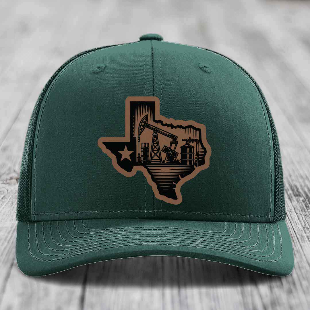 Texas Oilfield - Leather Patch Hat - Dark Brown to Black Patch - Richardson 112 Snapback Trucker Hat