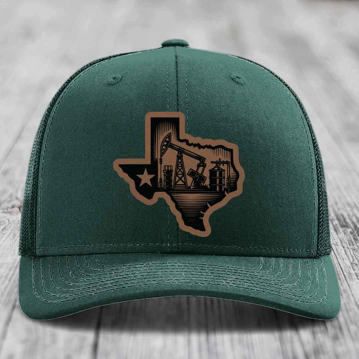 Texas Oilfield - Leather Patch Hat - Dark Brown to Black Patch - Richardson 112 Snapback Trucker Hat