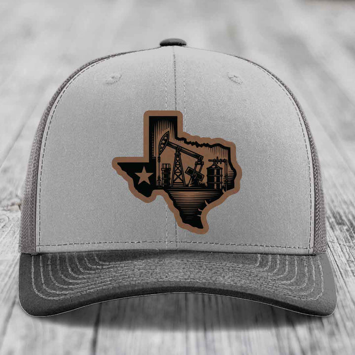 Texas Oilfield - Leather Patch Hat - Dark Brown to Black Patch - Richardson 112 Snapback Trucker Hat