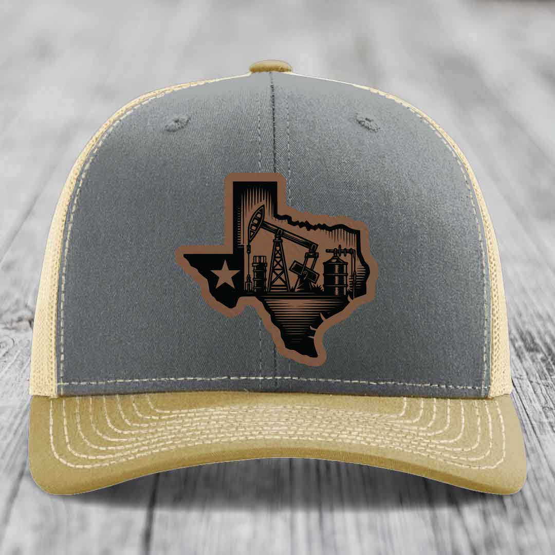 Texas Oilfield - Leather Patch Hat - Dark Brown to Black Patch - Richardson 112 Snapback Trucker Hat