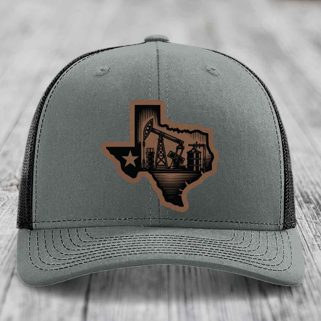 Texas Oilfield - Leather Patch Hat - Dark Brown to Black Patch - Richardson 112 Snapback Trucker Hat