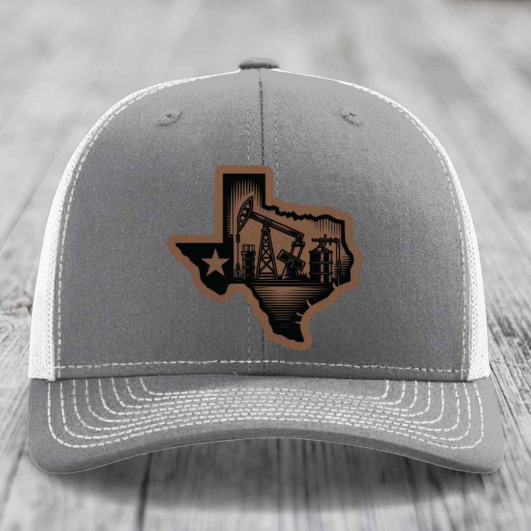 Texas Oilfield - Leather Patch Hat - Dark Brown to Black Patch - Richardson 112 Snapback Trucker Hat