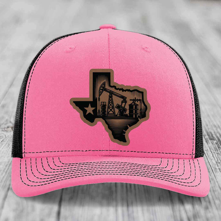 Texas Oilfield - Leather Patch Hat - Dark Brown to Black Patch - Richardson 112 Snapback Trucker Hat