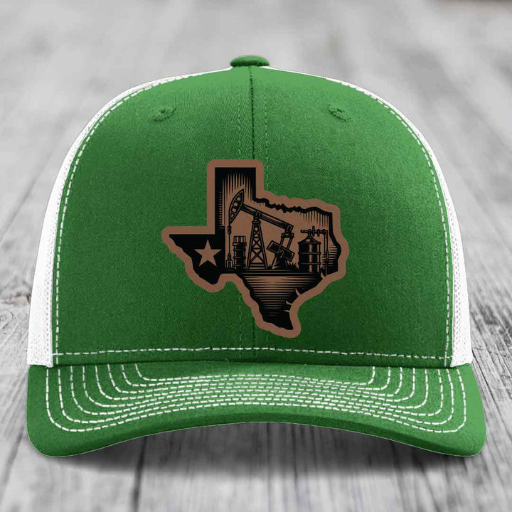 Texas Oilfield - Leather Patch Hat - Dark Brown to Black Patch - Richardson 112 Snapback Trucker Hat