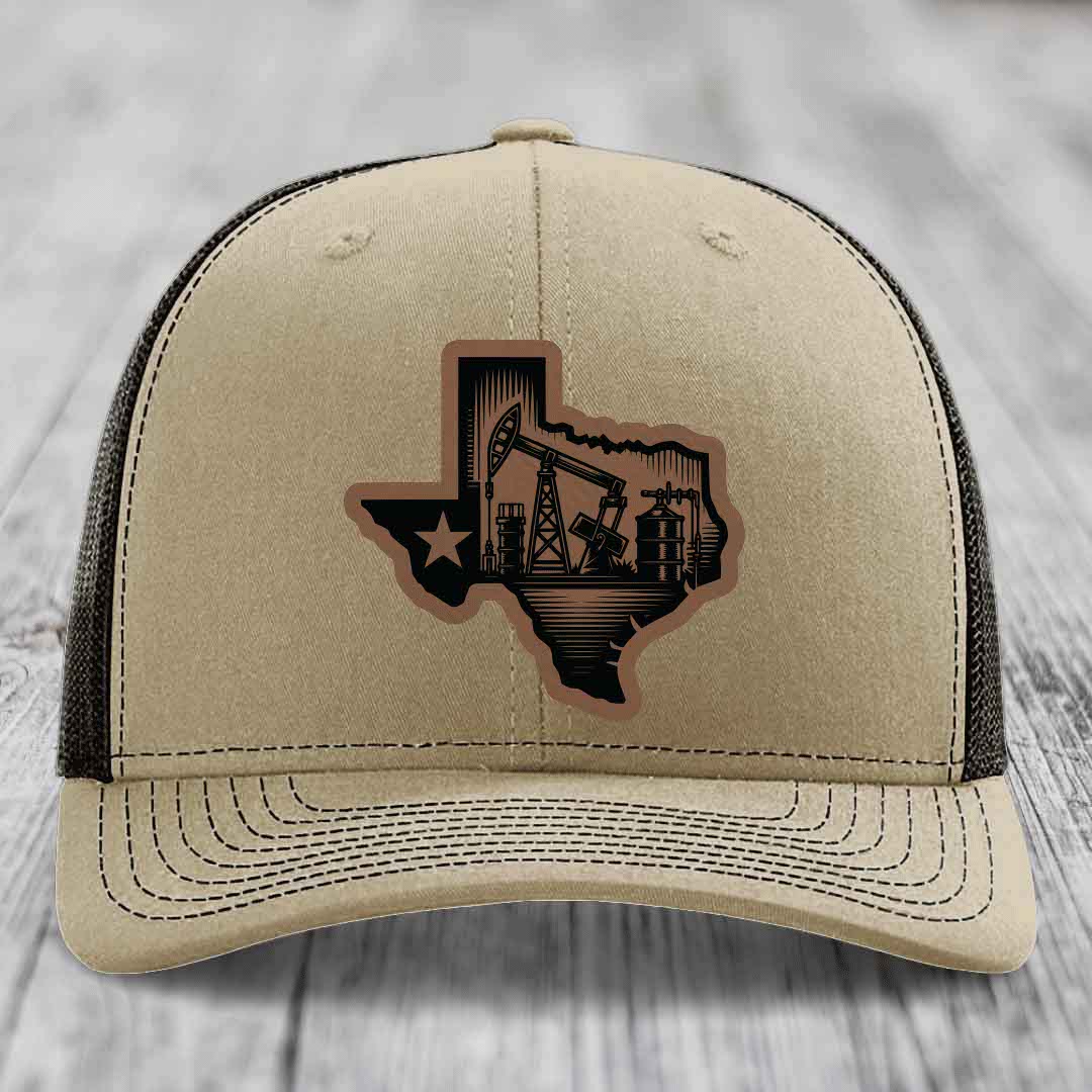 Texas Oilfield - Leather Patch Hat - Dark Brown to Black Patch - Richardson 112 Snapback Trucker Hat