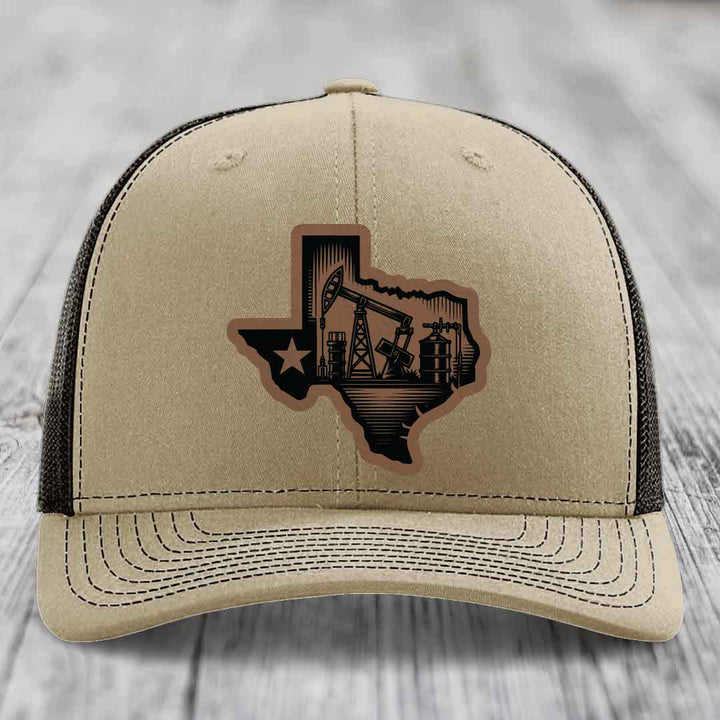 Texas Oilfield - Leather Patch Hat - Dark Brown to Black Patch - Richardson 112 Snapback Trucker Hat